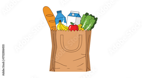 Groceries freshly purchased in a cartoon style paper bag, a delightful representation of food and healthy choices in an illustrated design