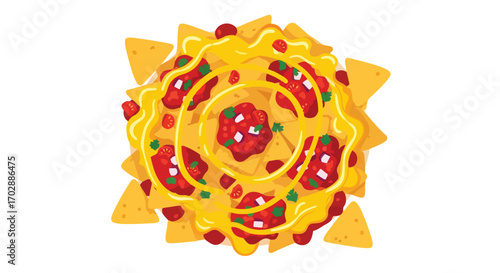 Delicious cheesy nachos with salsa, cartoon-style illustration showcasing a tantalizing snack perfect for party enjoyment and social gatherings
