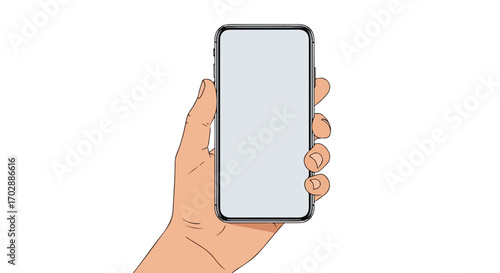 Digitally drawn illustration of a hand holding a modern smartphone with a blank screen presentation for design and technological themes depiction