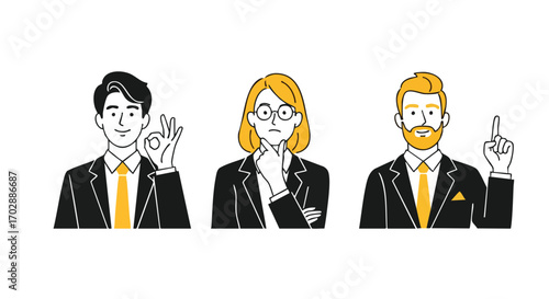 Diverse professionals express ideas, approval, and contemplation in a modern business setting