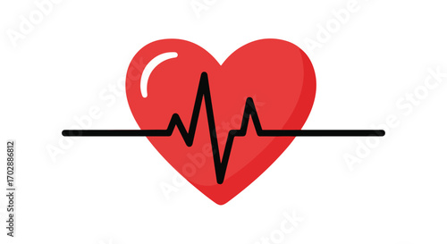 Iconic heart symbol with electrocardiogram, symbolising health and vital signs, with bold colors, simple design, and minimalist background