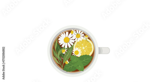 Serene herbal infusion: Aromatic chamomile blossoms and zesty lemon blend in a soothing white teacup viewed from above enhancing well being