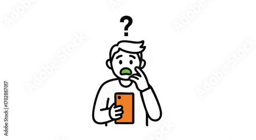 Confused person holding smartphone with question mark above head, expressing uncertainty or doubt
