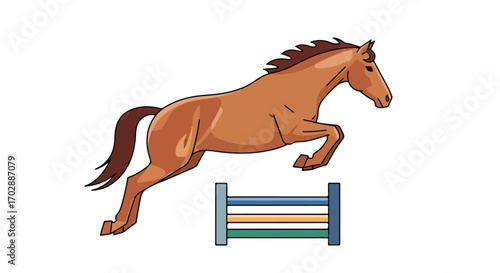 Dynamic illustration of a chestnut horse leaping over an obstacle symbolizing equestrian prowess and animal agility showcased on a white backdrop