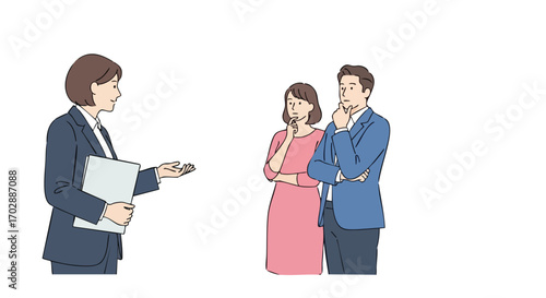 Confident businesswoman explains proposal to pensive couple considering decision in professional meeting