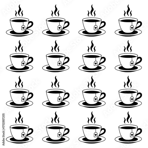 A minimalist seamless pattern of a steaming tea cup with saucer and tea bag label, perfect for any beverage themed design or background.