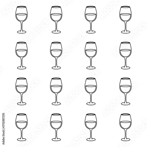 A simple seamless pattern of empty wine glasses arranged on a white background. Ideal for beverage related designs and backgrounds.