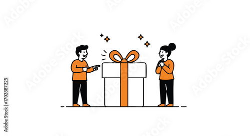 Excited couple discovering a surprise gift, celebrating special moments and unexpected joy together