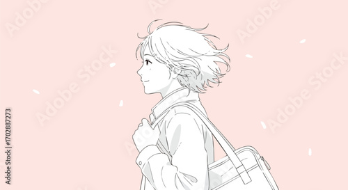 Young student walking with a school bag, gentle breeze blowing hair, soft petal shower background