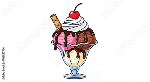 Delicious ice cream sundae graphic featuring a variety of flavors and toppings in a clear glass bowl that looks very tempting and delicious