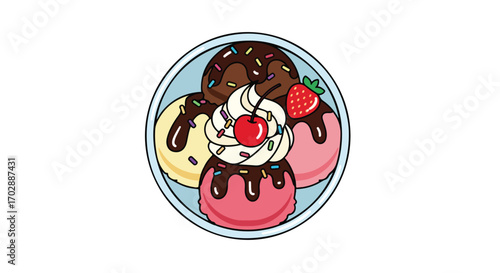 Charming cartoon dessert illustration of assorted flavored ice cream scoops with toppings in a bowl