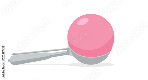 A minimalistic illustration showcasing a single baby rattle with a pink spherical head and a silver handle on a white background