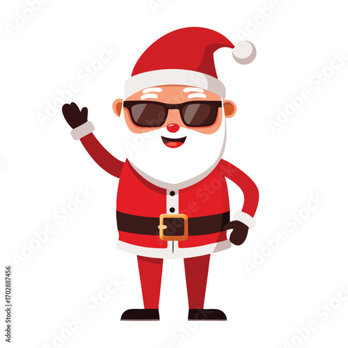 Cool santa claus wearing sunglasses waving hello on white background