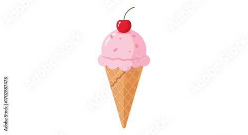 Delightful pink ice cream cone illustration with a cherry topping offering a sweet treat visual delight