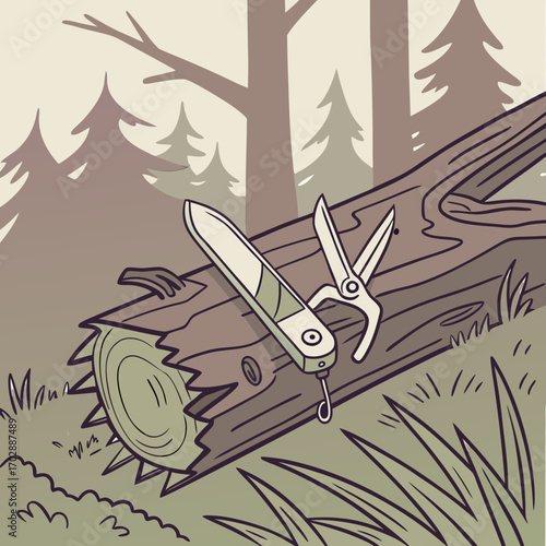 Vintage Illustration of Pocketknife and Scissors on a Log in a Forest