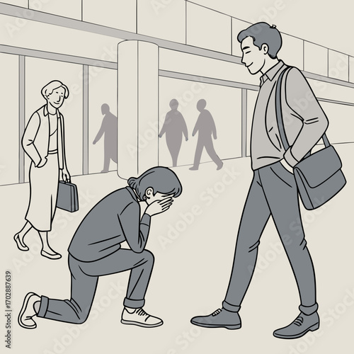 A Person Kneeling in Despair, Surrounded by Passing People in a Public Place