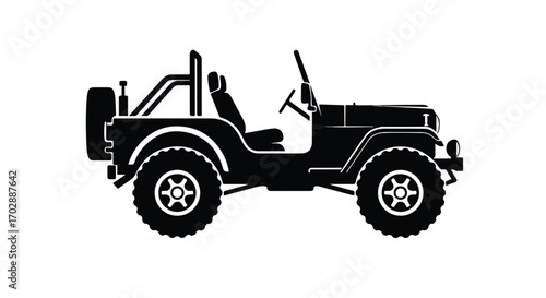 Stylized silhouette depiction of a classic off-road vehicle representing adventure and freedom, an automotive icon with minimalistic design and bold