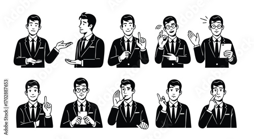 Dynamic businessman illustrations showing leadership and communication in modern professional attire