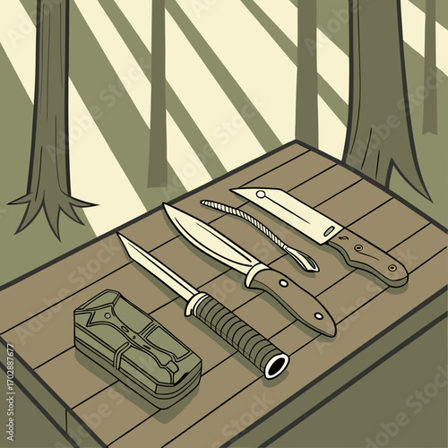 Assortment of Knives on Wooden Table in Forest Setting