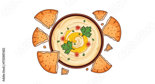 Hummus delight illustration with pita bread wedges arranged artistically on a plain background perfect for cookbooks