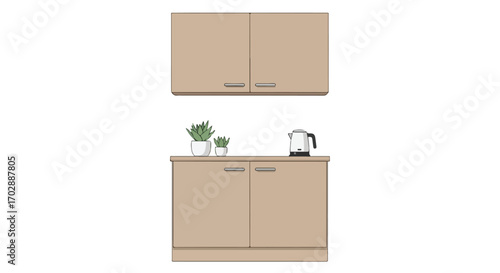 Illustrated kitchen setup showcasing cabinets, plants, and an electric kettle on a clean white background offering minimalistic charm for home