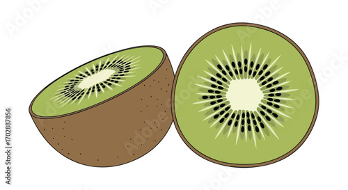 Vibrant kiwi fruit halves revealing juicy green flesh and symmetrical seed patterns, showcasing the fruit's unique texture and visual appeal