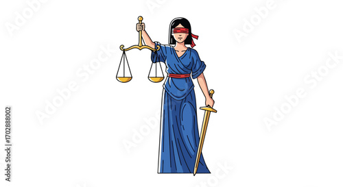 A symbolic cartoon depiction of Justice, presenting the concepts of jurisprudence and equality before law, on a plain white canvas background for