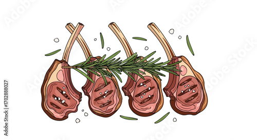 Delicious lamb chops illustration, seasoned with rosemary and sea salt, perfect dish for special occasion and for fancy recipes presentation