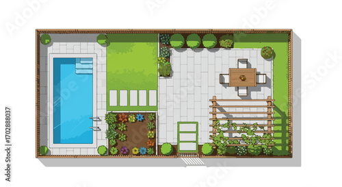 Detailed architectural landscape plan showcases a modern backyard design with pool, patio, and verdant garden elements and outdoor dining arrangement