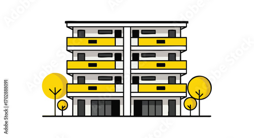 Modern apartment building with yellow balconies and trees offers contemporary urban living vibes