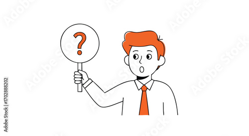 Confused businessman holding a question mark sign, seeking answers in business