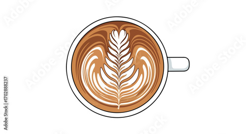 Artistic Coffee Creation: A Delicate Latte Art Depicting a Detailed Fern Leaf with Swirling Patterns and a Harmonious Palette of Browns and Whites