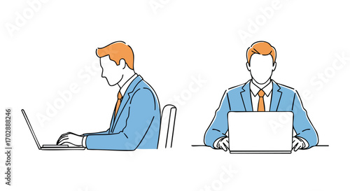 Professional man diligently working on laptop, side and front views, modern business concept.