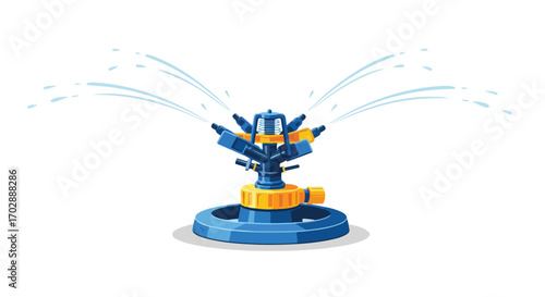 Automated lawn irrigation concept using a vibrant and blue garden sprinkler dispersing jets of water for efficient lawn care, perfect for summer days