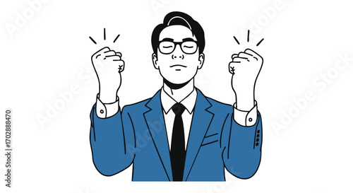 Confident businessman celebrates success, raising fists in triumph with joyful expression, professional achievement visualized.