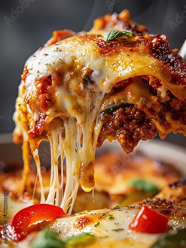 A Deliciously Cheesy Slice of Lasagna Being Served, with Melted Cheese and Rich Tomato Sauce