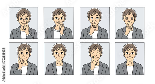 Diverse expressions of a thoughtful businesswoman considering ideas and solutions in various poses