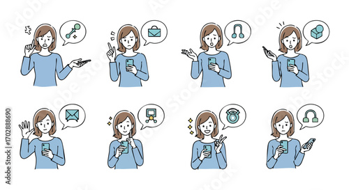 Woman's diverse emotions and thoughts while using smartphone, expressing ideas and feelings