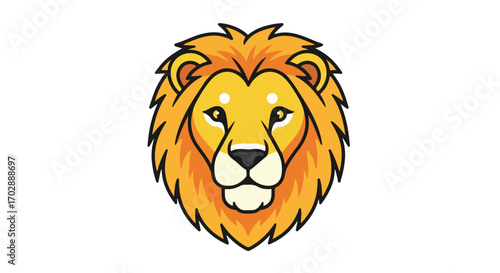Stylized lion head illustration with detailed golden mane and striking black outlines on a crisp white background