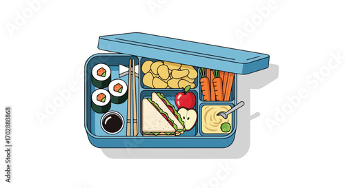 Diverse delights packed within a blue bento box, revealing a visually appealing lunch assortment, ready for a tasty and nourishing midday meal