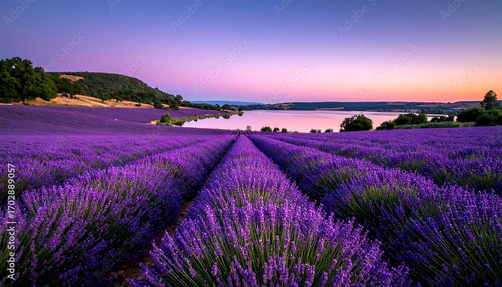 Obraz premium Lavender field at sunset with lake and hills in background.