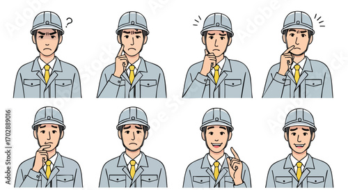 Diverse worker emotions captured with thoughtful expressions and problem-solving gestures