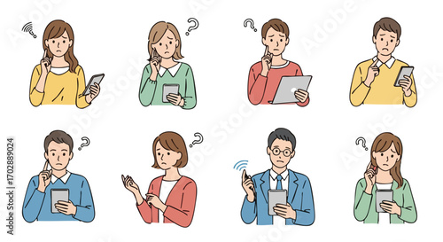Diverse people thoughtfully using devices with question marks expressing confusion and uncertainty