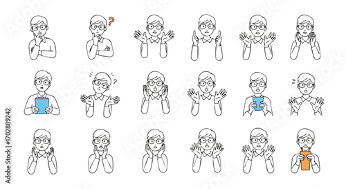 Man expresses various emotions and reactions with clear, modern line art illustrations for business and lifestyle concepts.