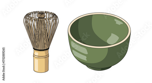 Artistic matcha preparation utensils: whisk for frothing the vivid green tea and a serene green bowl