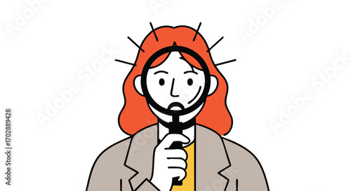 Find the solution with magnifying glass, business woman searching for answers, illustration concept