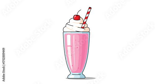Delightful Strawberry Milkshake with Whipped Cream and Cherry, Illustration for Dessert Menu or Food Concept Project