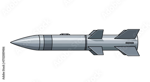 Cartoon Illustration of a Metallic Missile with Fins for Technological or Military Applications, Isolated on White. The design suggests a sleek