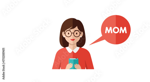 Woman with a smartphone sending messages to her mom portrayed in a modern flat vector design showcasing digital communication between family members