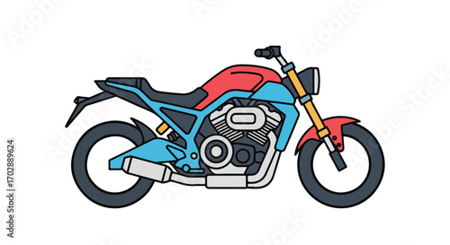 Stylized illustration of a custom motorcycle design in vibrant red and blue hues on a stark white backdrop